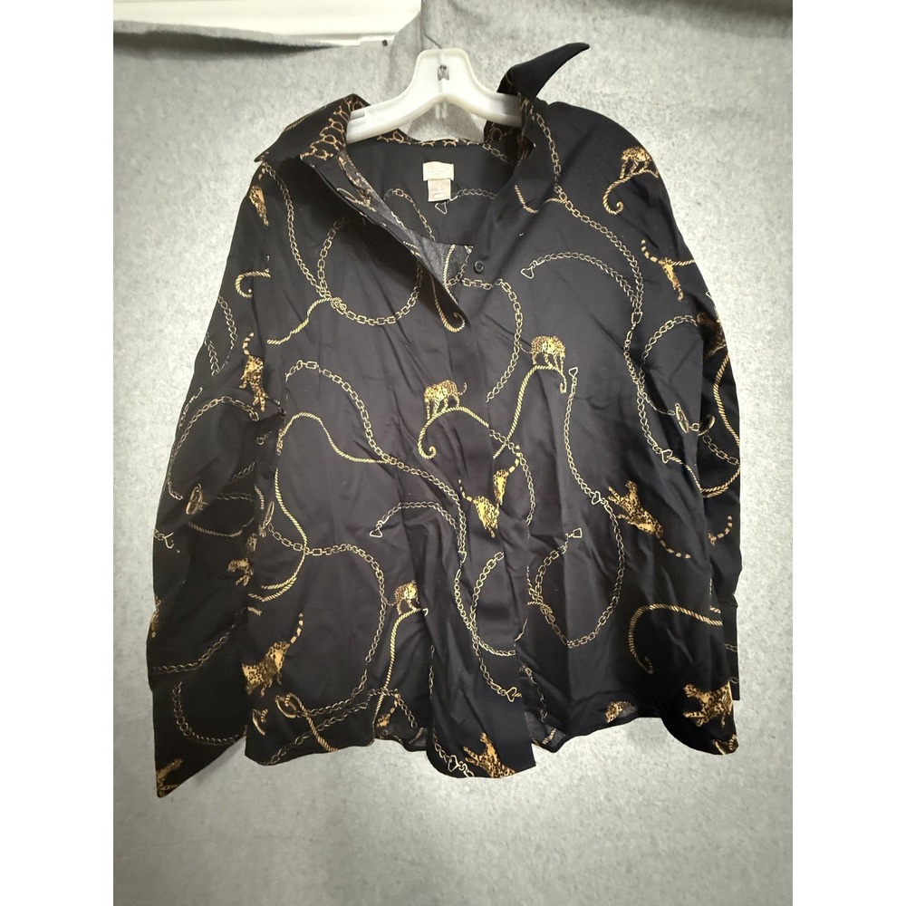 Chico's Button Up Shirt Womens 16/18 Black Leopard Chain Tunic Top Long Sleeve